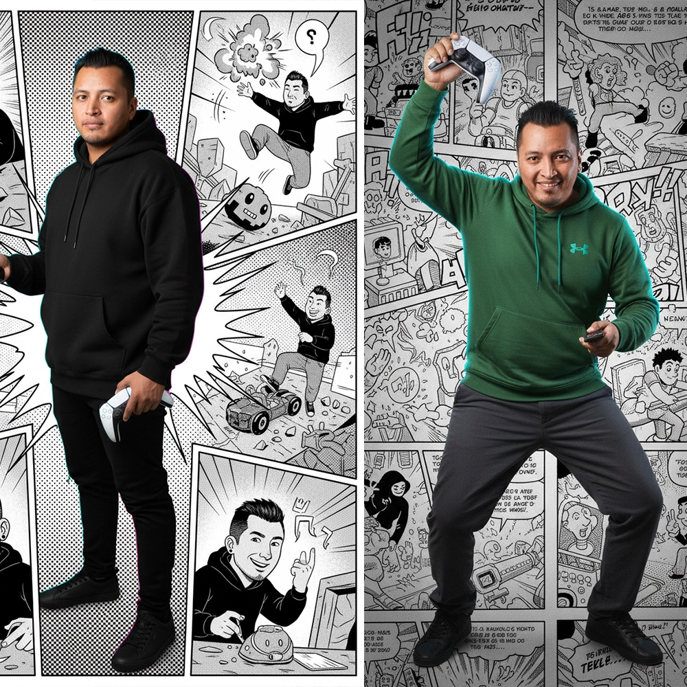 Retrato gamer con sudadera verde olivo y detalles cian sosteniendo control PS5 y control de Smart TV frente a fondo de cómic en blanco y negro.