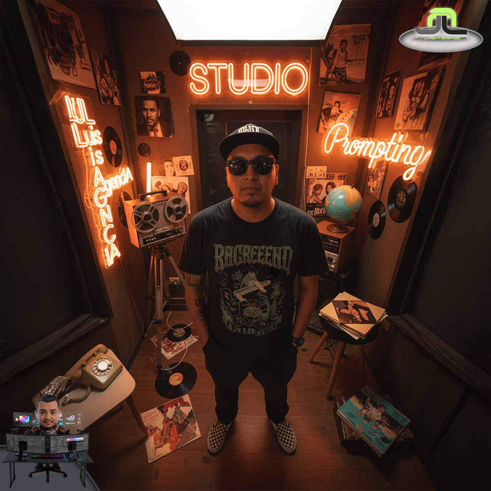 Hombre con sombrero negro y Vans a cuadros en estudio retro con letreros de neón “STUDIO