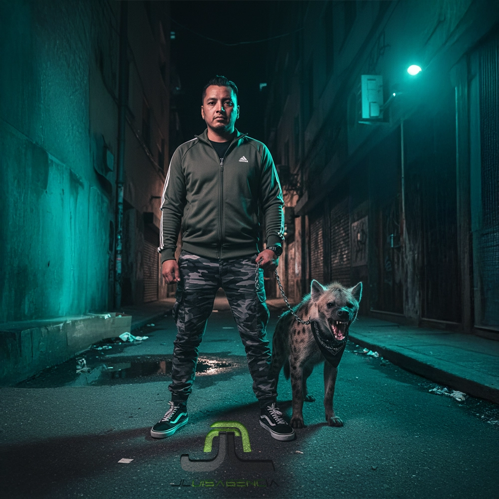 Retrato editorial urbano: persona con chamarra Adidas verde olivo y hiena con pañuelo negro, grafiti ‘Que Lo Explique El Bot’, iluminación neón cian/magenta.