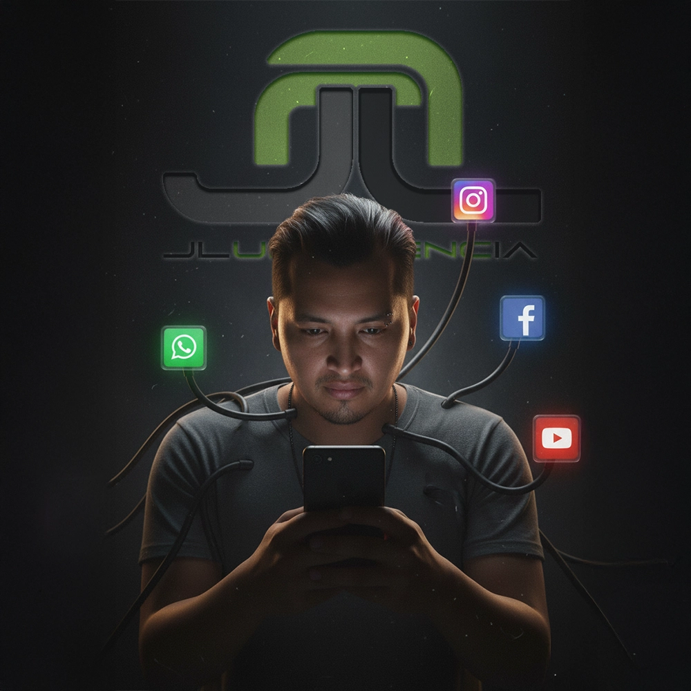 prompt adicción redes sociales; joven mirando smartphone con cuatro cables a bloques luminosos (4:5), atmósfera oscura y dramática
