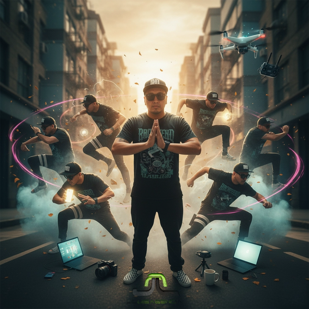 Protagonista con 7 clones ninja en estilo cinematográfico, gadgets modernos en acción, humo de chakra y parallax urbano al atardecer (9:16, color)