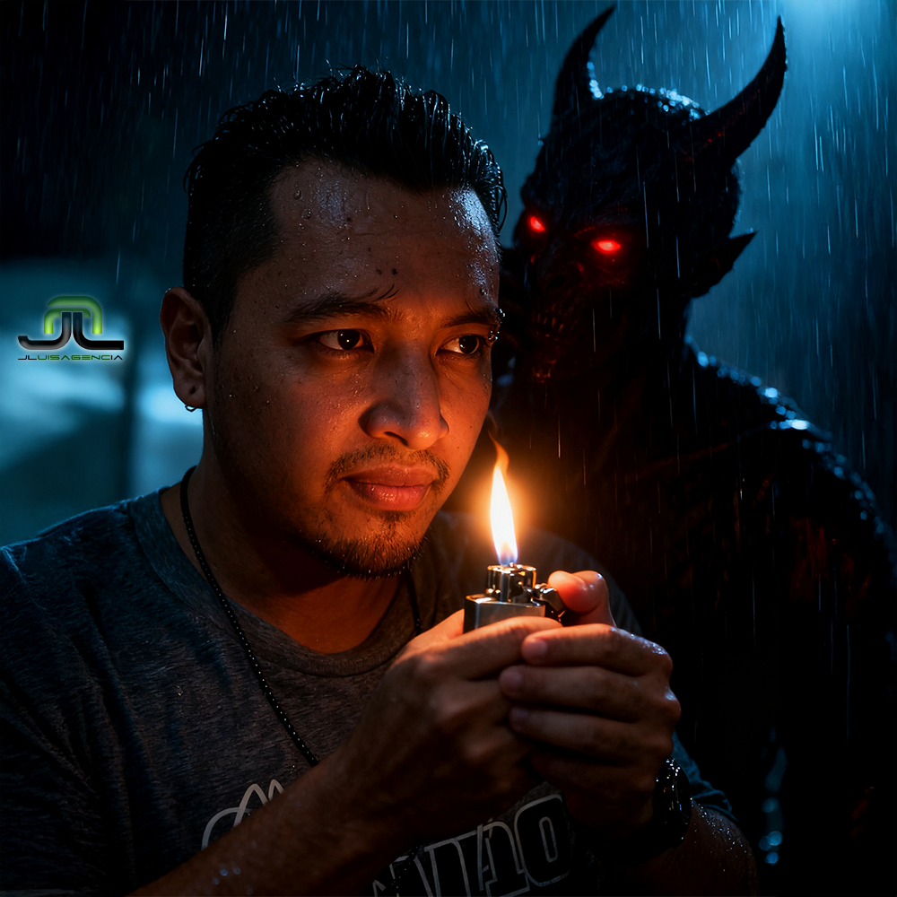 prompt retrato encendedor y demonio; hombre iluminado por llama con lluvia fina (4:5), atmósfera neo-noir