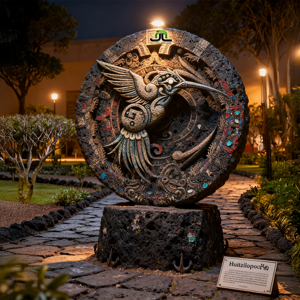 Escultura mexica de Huitzilopochtli en forma de colibrí zurdo, disco de piedra de 1.5 m sobre pedestal de basalto en jardín tipo museo, luz principal clara y ambiente cálido tenue (4:5, 85mm)