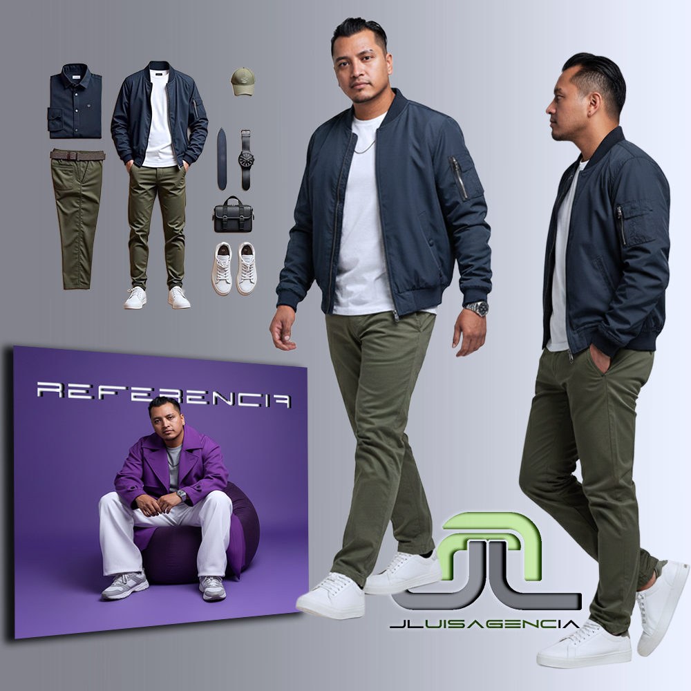 prompt outfit con referencia de persona (hombre); mismo rostro al 100% modelando el outfit de la foto de vestuario, fondo neutro editorial (4:5), iluminación suave de estudio