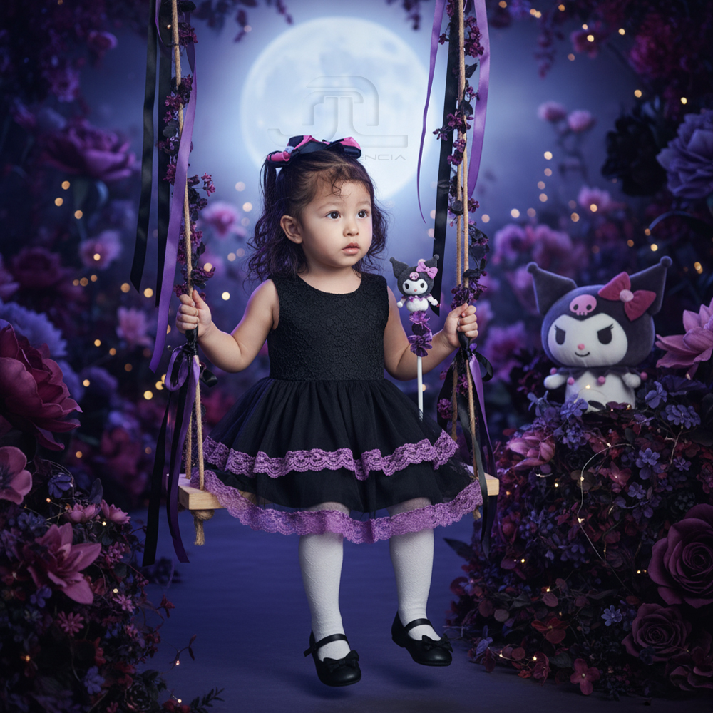 Niña 3–4 años en columpio de madera, vestido negro con encaje morado y varita temática Kuromi, jardín encantado con flores gigantes morado/negro, luces de hadas y luna llena (4:5). Rostro y cabello 100% como la foto de referencia.