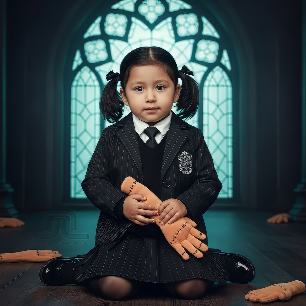retrato de estudio realista de niña 3–4 años con dos colitas; uniforme Academia Nunca Más; ventana de araña de cristal al fondo; estética gótica suave (4:5)