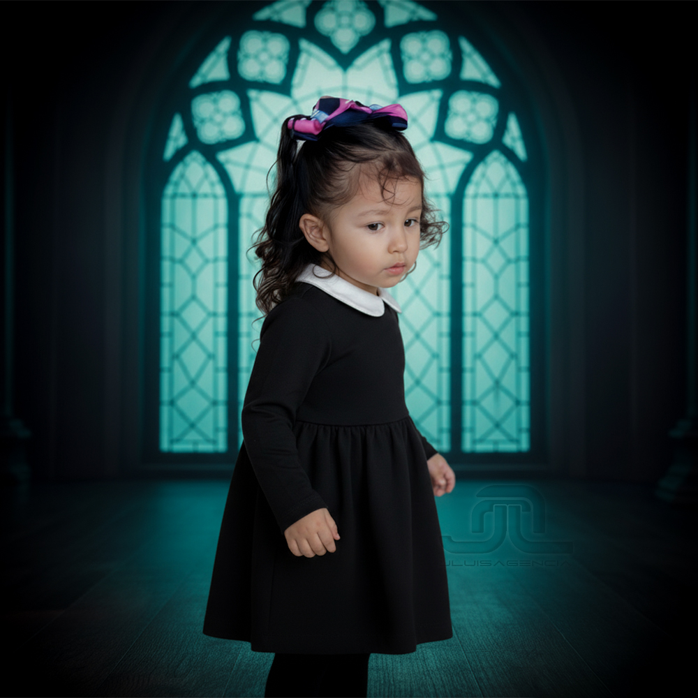 Retrato de estudio Wednesday infantil: niña de 3–4 años con dos coletas, rostro 100 % natural y visible, vestido negro con cuello blanco (4:5), fondo gótico suave