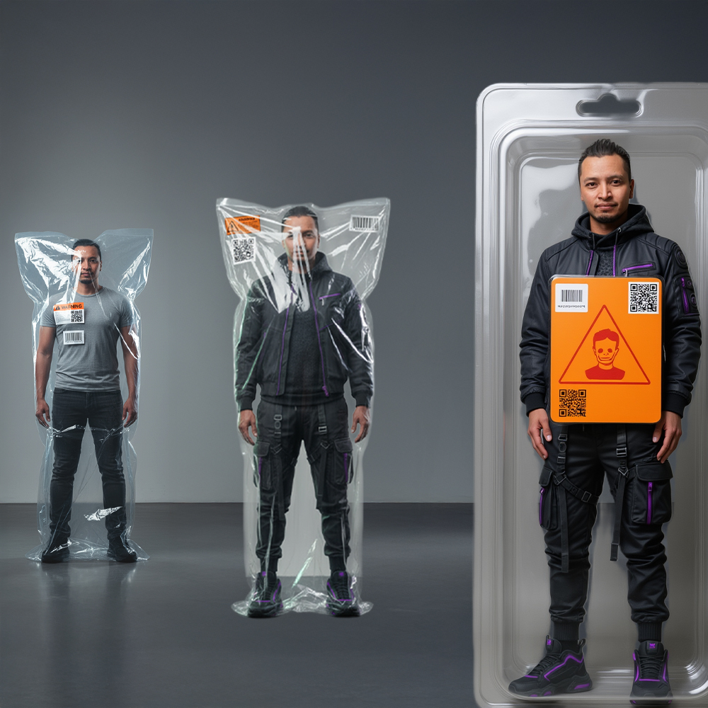 hombre a tamaño real sellado al vacío en empaque transparente, envoltura de plástico, etiqueta naranja, código QR y código de barras; instalación surrealista hiperrealista (4:5), luz de estudio