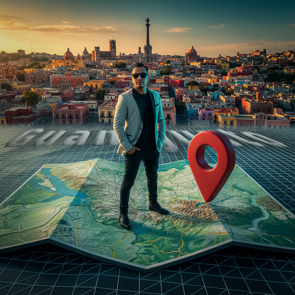 Retrato editorial 8K sobre mapa 3D de Guanajuato; pin rojo mate 3D (3/4), malla tipo viewport y skyline con El Pípila; sin texto en imagen (4:5)