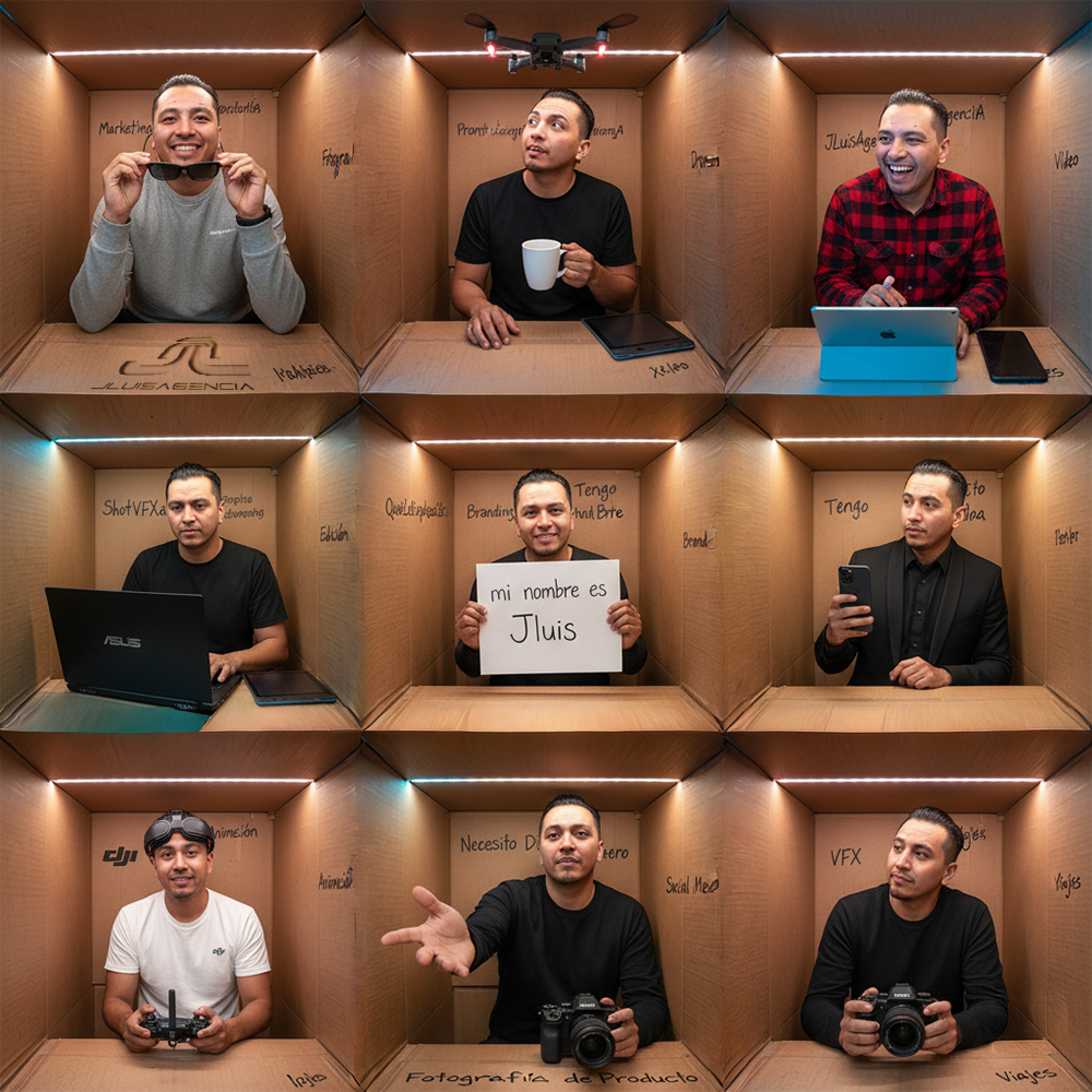 Collage hiperrealista 3x3 de Jluis dentro de cajas de cartón con LED, nueve outfits y gadgets creativos (1:1, 8K)