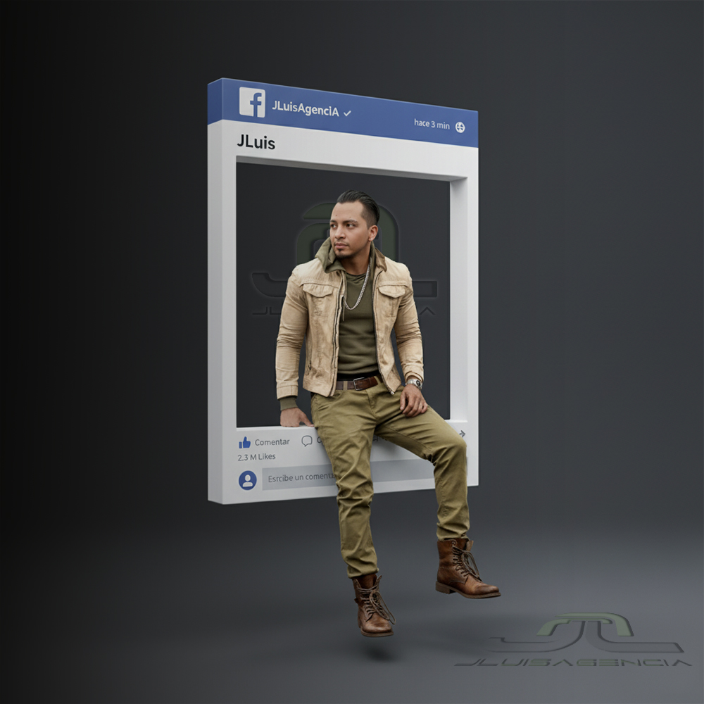 Retrato editorial alta moda en marco 3D de publicación de Facebook; sujeto sentado con piernas fuera del marco, fondo oscuro, UI realista ‘JLuisAgencIA’, 2.3 M Likes (4:5)