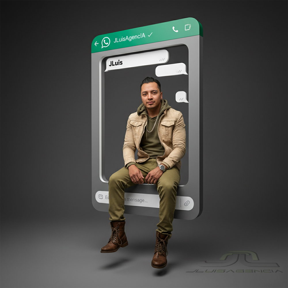 Retrato editorial con ventana 3D de chat de WhatsApp; sujeto sentado con piernas fuera del marco, fondo oscuro, UI realista ‘JLuisAgencIA’, placeholder ‘Escribe un mensaje…’ (1:1)