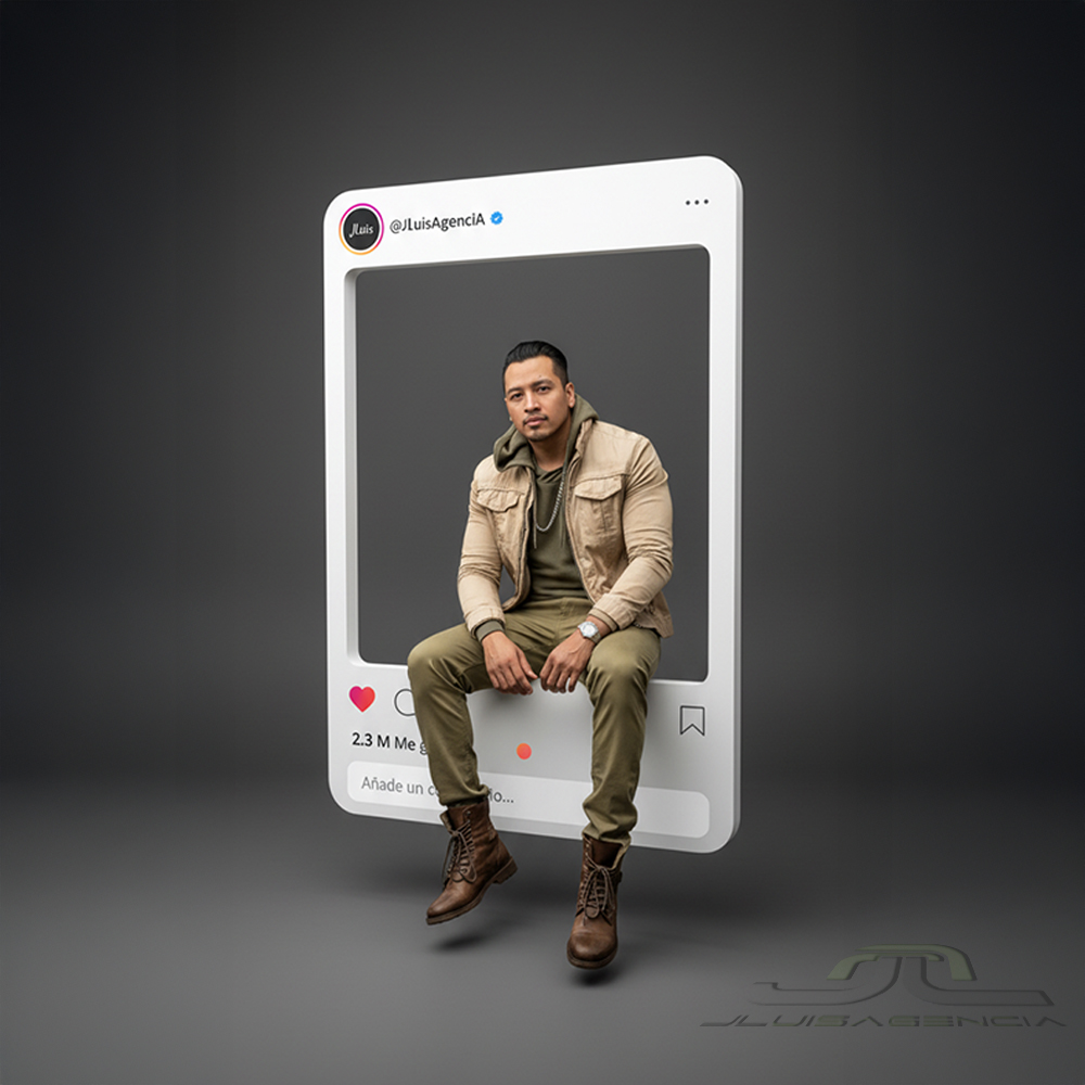 Retrato editorial con marco 3D de post de Instagram; sujeto sentado con piernas fuera del marco, UI realista @JLuisAgenciA verificado, ‘JLuis’, 2.3 M Me gusta, fondo oscuro (4:5)