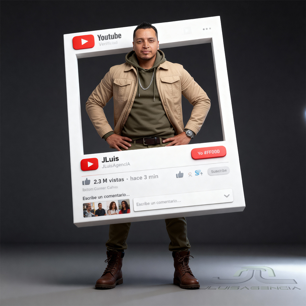 Retrato editorial con reproductor 3D de YouTube; sujeto sentado con piernas fuera del marco, UI realista ‘JLuisAgencIA’, ‘JLuis’, 2.3 M vistas · hace 3 min (16:9)