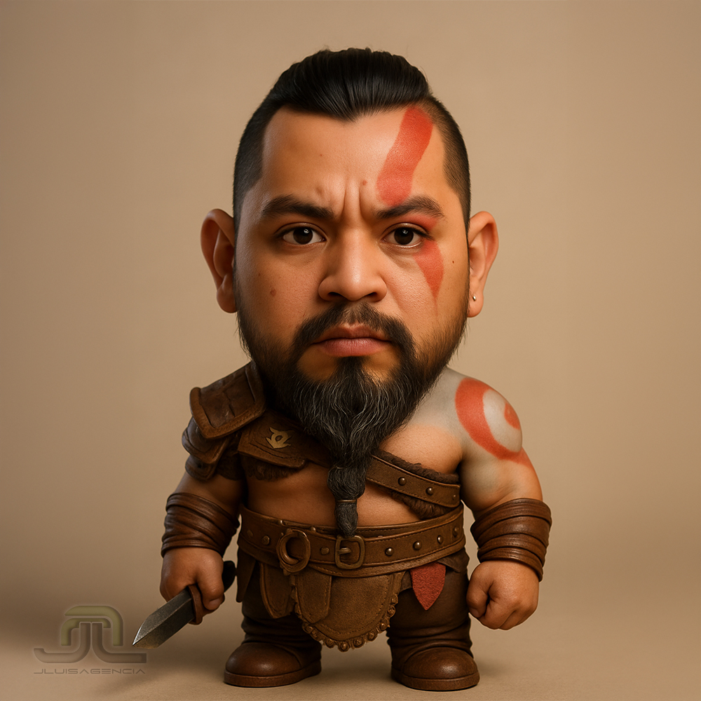 prompt Kratos Chibi adorable en 3D; versión super deforme con barba y franja roja, estilo God of War, fondo monocromo suave (4:5, 4K)