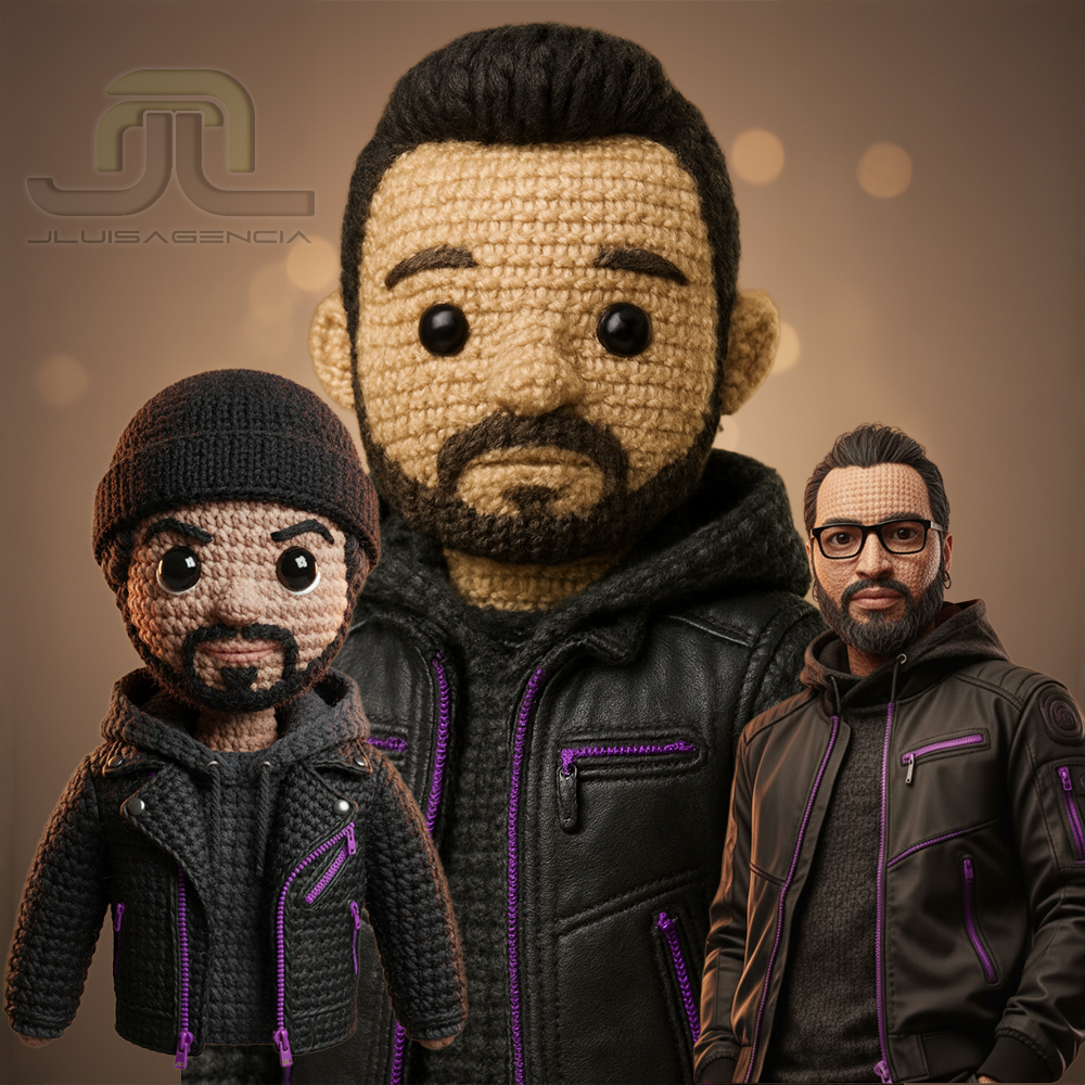 retrato amigurumi hiperrealista; hombre estilo crochet con textura de hilo, iluminación de estudio cálida (4:5), 8K ultra-realista